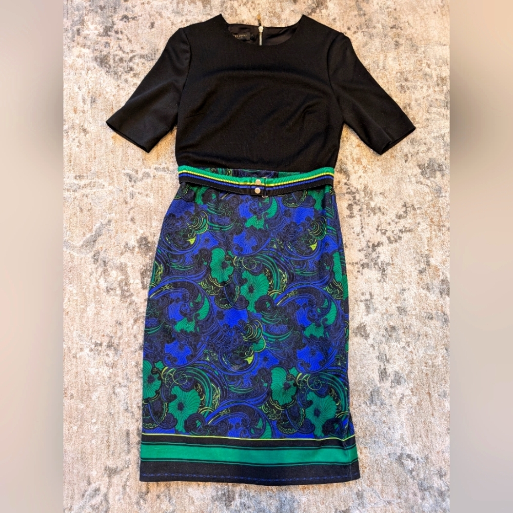 Ted Baker Stargaze Bodycon Dress - Size 1 Black/Blue/Greens